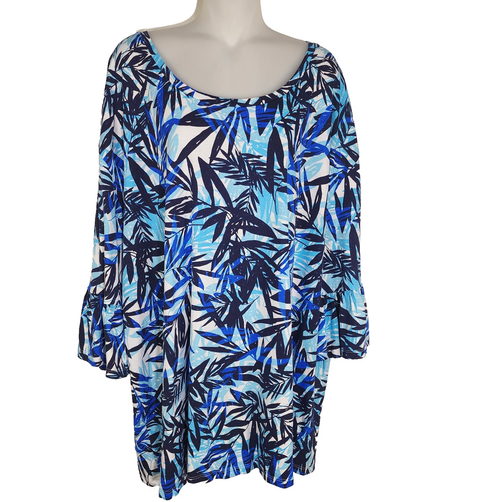 Roaman's Womens Bell Sleeve Ultimate Tee 3X Ocean Tropical Scoop Neck Pullover